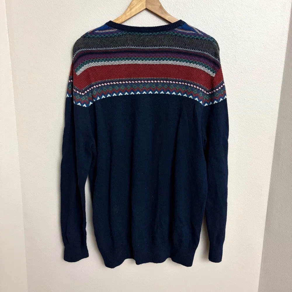Timberland Sweater Large Mens Navy Blue Fair Isle V-Neck Wool Blend TB07914J